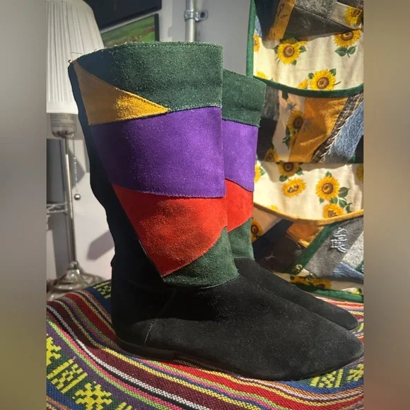 Vintage 80s patchwork suede boots made in Yugoslavia size 7 - Picture 1 of 7